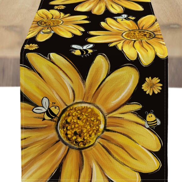 Floral Table Runner Farmhouse Cottage Decor Spring Summer Yellow Black Cloth 9ft - Picture 1 of 3